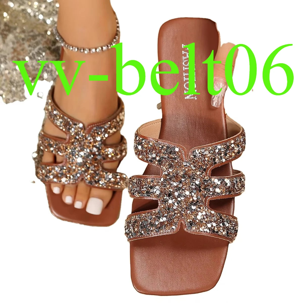 2024 New Yingyuan Sequins Square Head Roman Style Sandals Flat slippers Z-261
