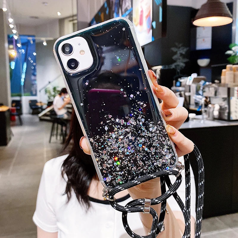 Luxury Bling Glitter Lanyard Silicone Phone Case For iPhone 17 16 15 14 13 12 11 Pro XS Max Plus Ultra-thin Necklace Rope Cover