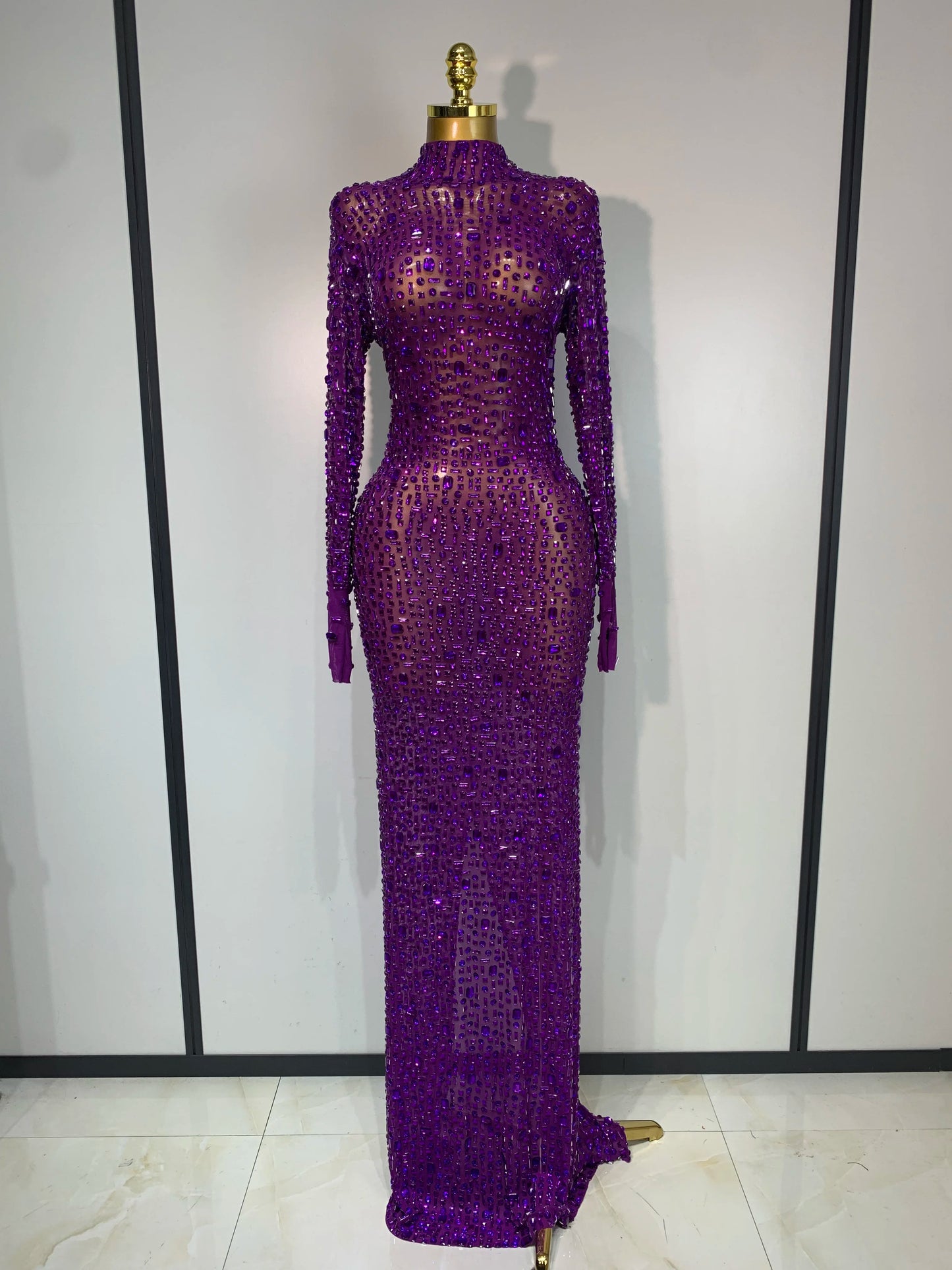 Sparkly Luxury Rhinstones Long Sleeve Elegant Party Dress Women 2025 Performance Stage Outfit Evening Birthday Prom Gown