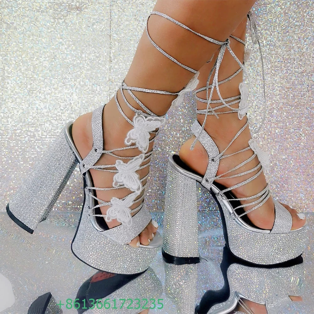Crystal Bling Bling Butterfly Strap Sandals Sexy Silver Shiny Platform Chunky Heel High Heels Ankle Wrap Summer Fashion Shoes