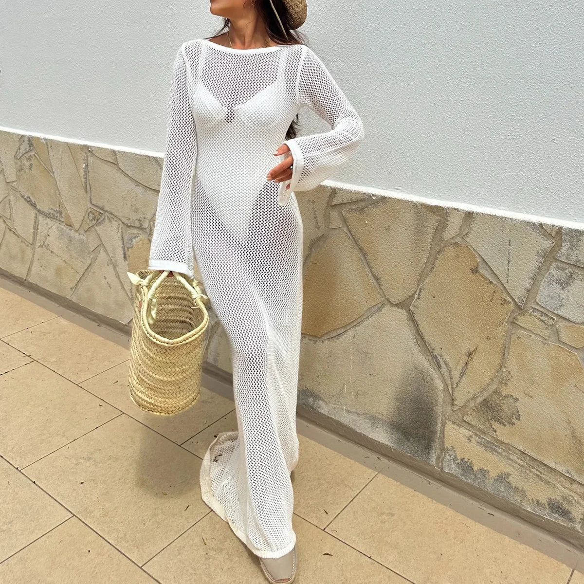 Women's Beach Vacation Hollow Out Long Sleeve Dress Knitted Backless Sunscreen Long Dress Fashion Casual Bikini Cover Up