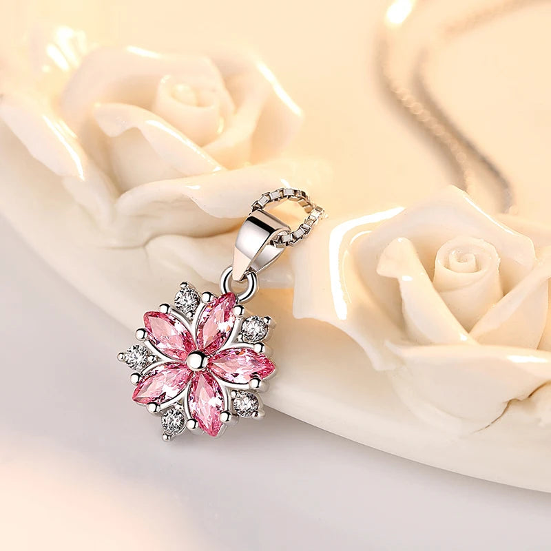 Fashion Jewelry New Lady's 925 Sterling Silver Crystal Flower Pendant Necklace FQL23256WH
