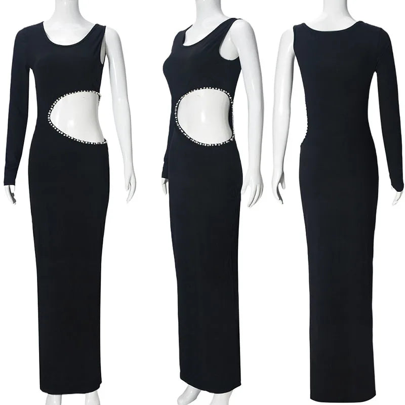 Sexy Hollow Out Black Bodycon Maxi Dress Women Birthday Nightclub Pearls Diamonds One Sleeve Prom Party Long Dresses Vestidos