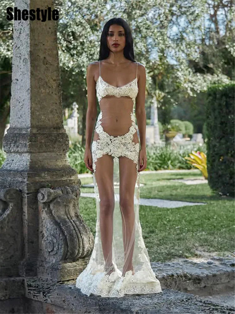 Shestyle Embroidery Flower Mesh Transparent Flare Long Dress Women Spaghetti Strap Sheer 2025 New Design Outfits Prom Nightwear