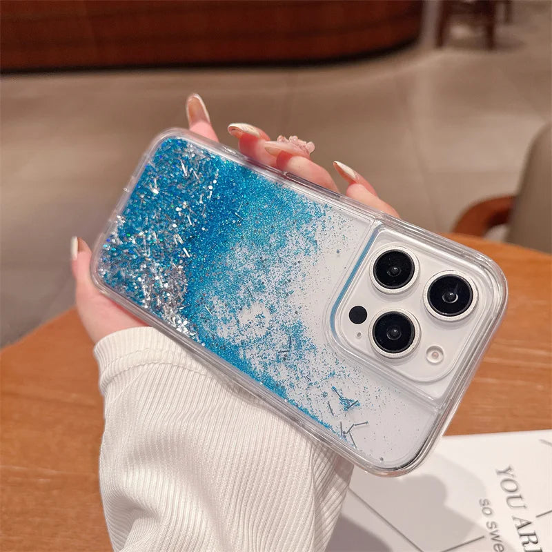 Blue Dynamic Sand Bright Quicksand for iPhone 16 15 14 Case Cover 16 Pro Max Carcasa Women Glitter Phone Shell Hard Coque Fundas