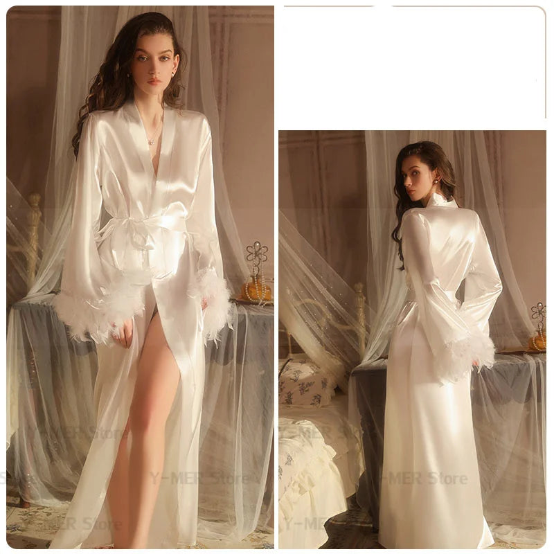 Long Feather Sleeve Bathrobe Sexy Ice Silk Kimono Wedding Bride Dress Women Loose Sleepwear Loungewear Casual Nightgown