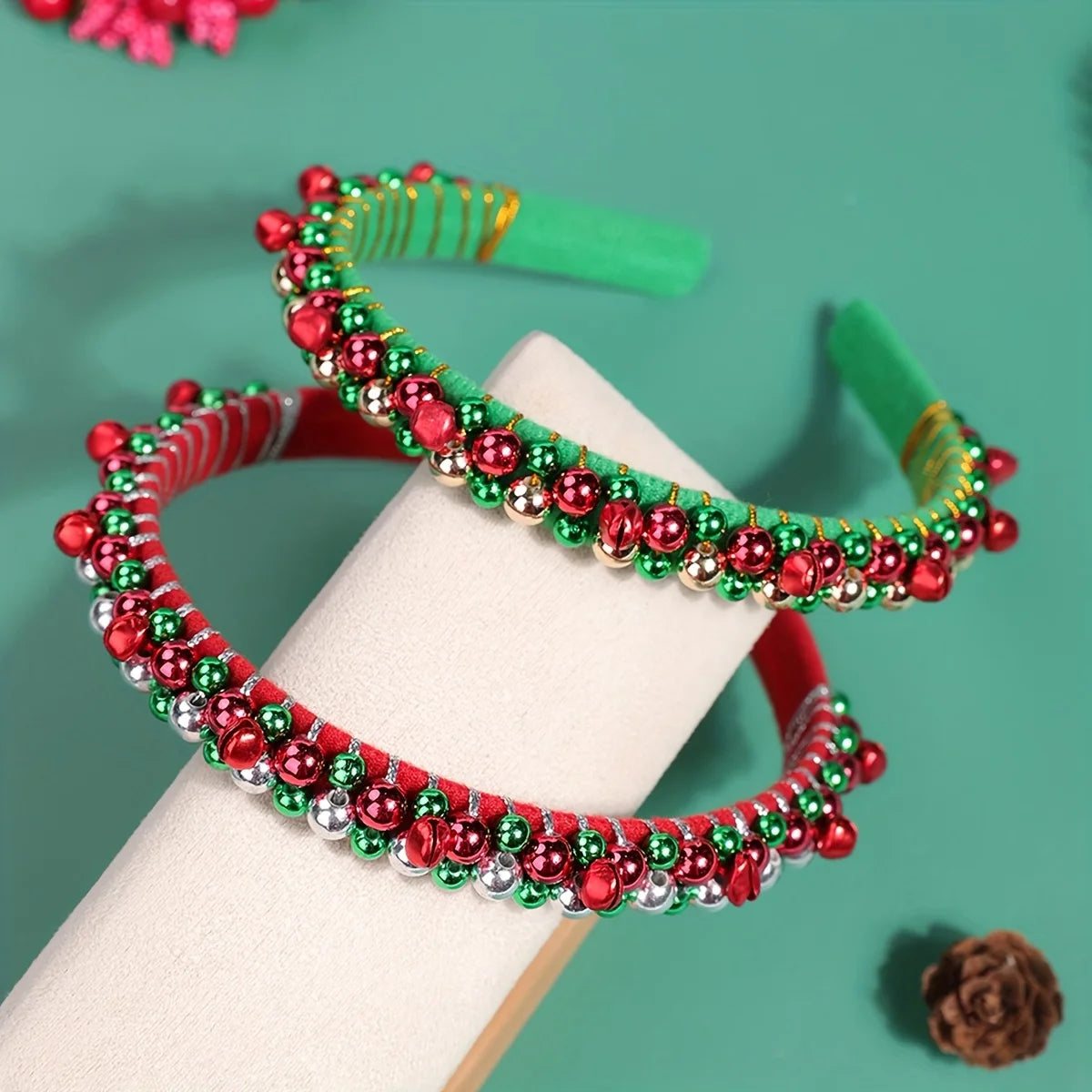 Festive Christmas Headband with Red & Green Beads,Golden Accents & Bell Charms -Wrapped Party Accessory for Holiday Celebrations