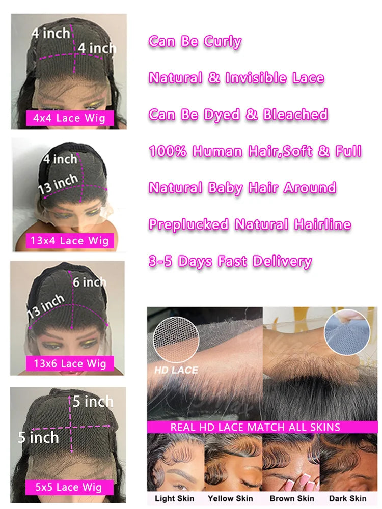 30 40 Inch 13x4 13x6 Straight Lace Frontal Wigs 360 Front Human Hair 4x4 5X5 Closure Wig Pre Plucked For Women 250 Density