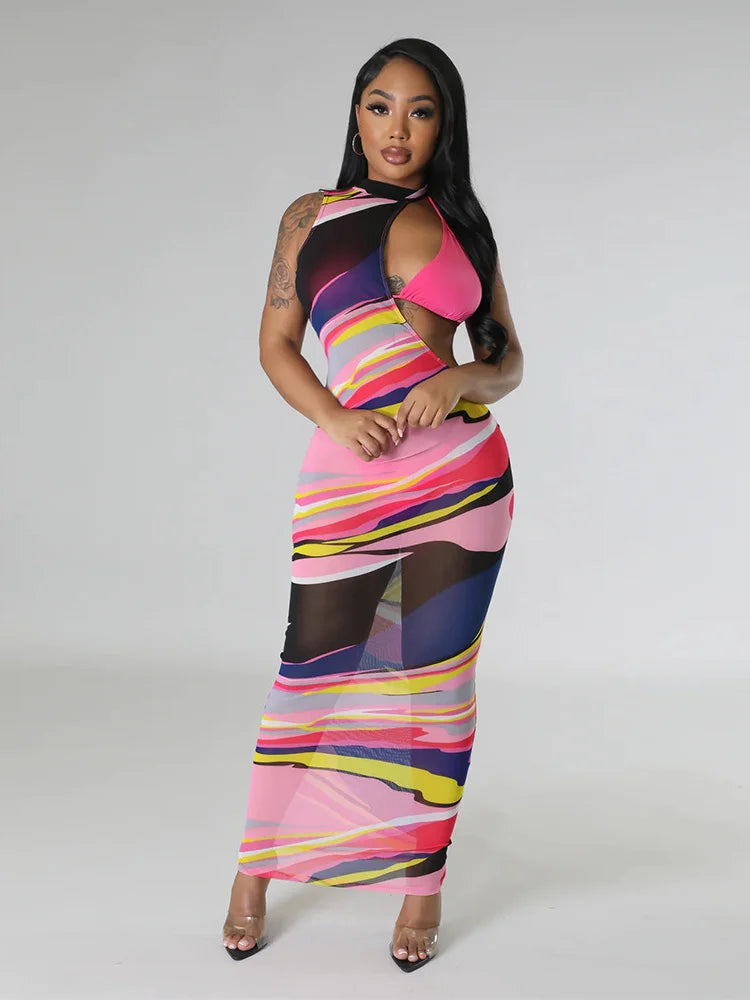 Weird Puss Summer Swimsuit Woman Outfits Sexy Solid Bikini+Mesh Print Irregular Hollow Maxi Bodycon Ladies Rave Party Beachwear