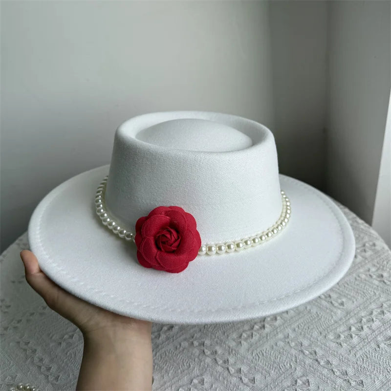 French Black Big Brim Top Hat Women Elegant Retro Style Flat-top Fedora Hat British Pearl Floral Wide Brim Hat Photography