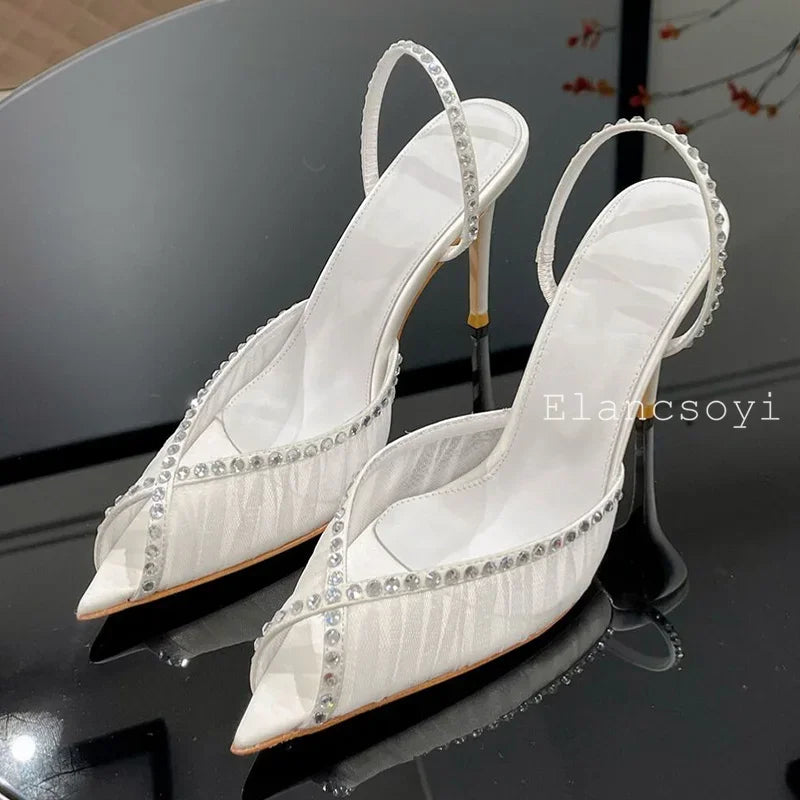 Summer Pointed Toe High Heels Sandals Women Shiny Rhinestone Mesh Back Strap Stiletto Sandalias Sexy Party Banquet Shoes
