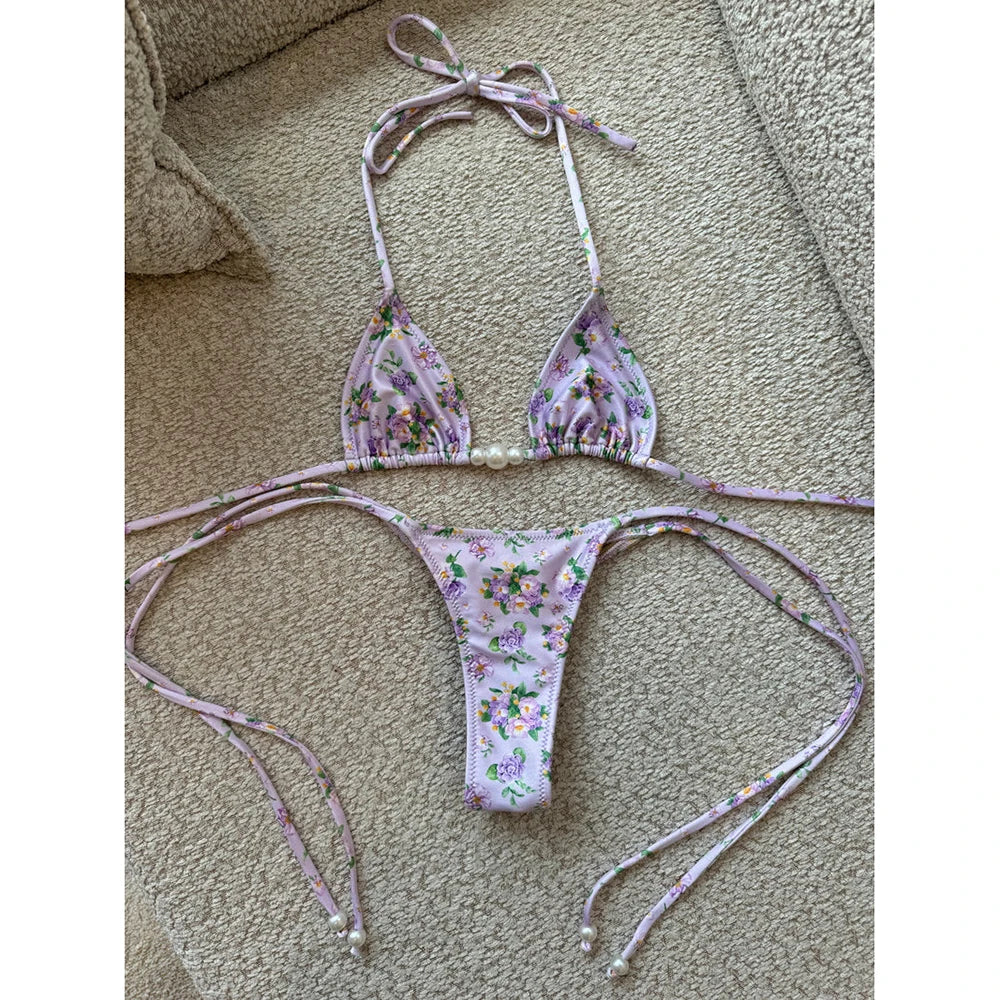 Micro Bikini 2025 Swimwear Women Swimsuit Sexy luxury Brazilian Bikini Set Halter Print Biquini Push Up Pearl Beachwear Female