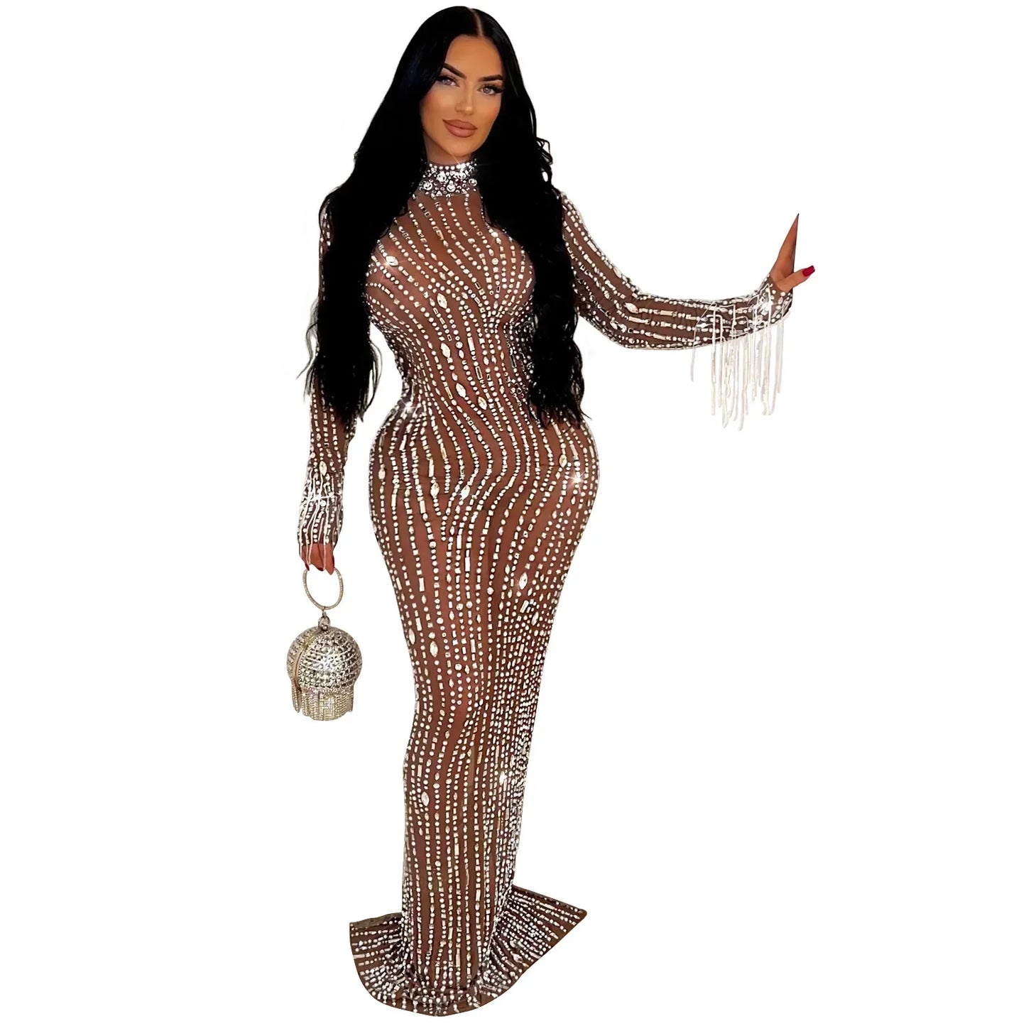CM.YAYA 2024 Women Long Sleeve Mesh See Through Diamonds Hot Rhinestones Bodycon Dress Woman Maxi Long Evening Birthday Dresses
