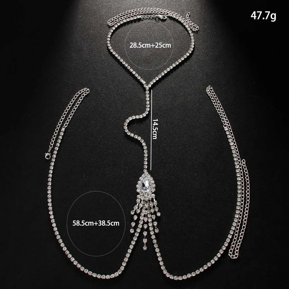 Stonefans Water Drop Tassel Chest Chain Necklace Jewelry Bohemian Women Rhinestone Fashion 2024 New Body Accessories Beach Sexy