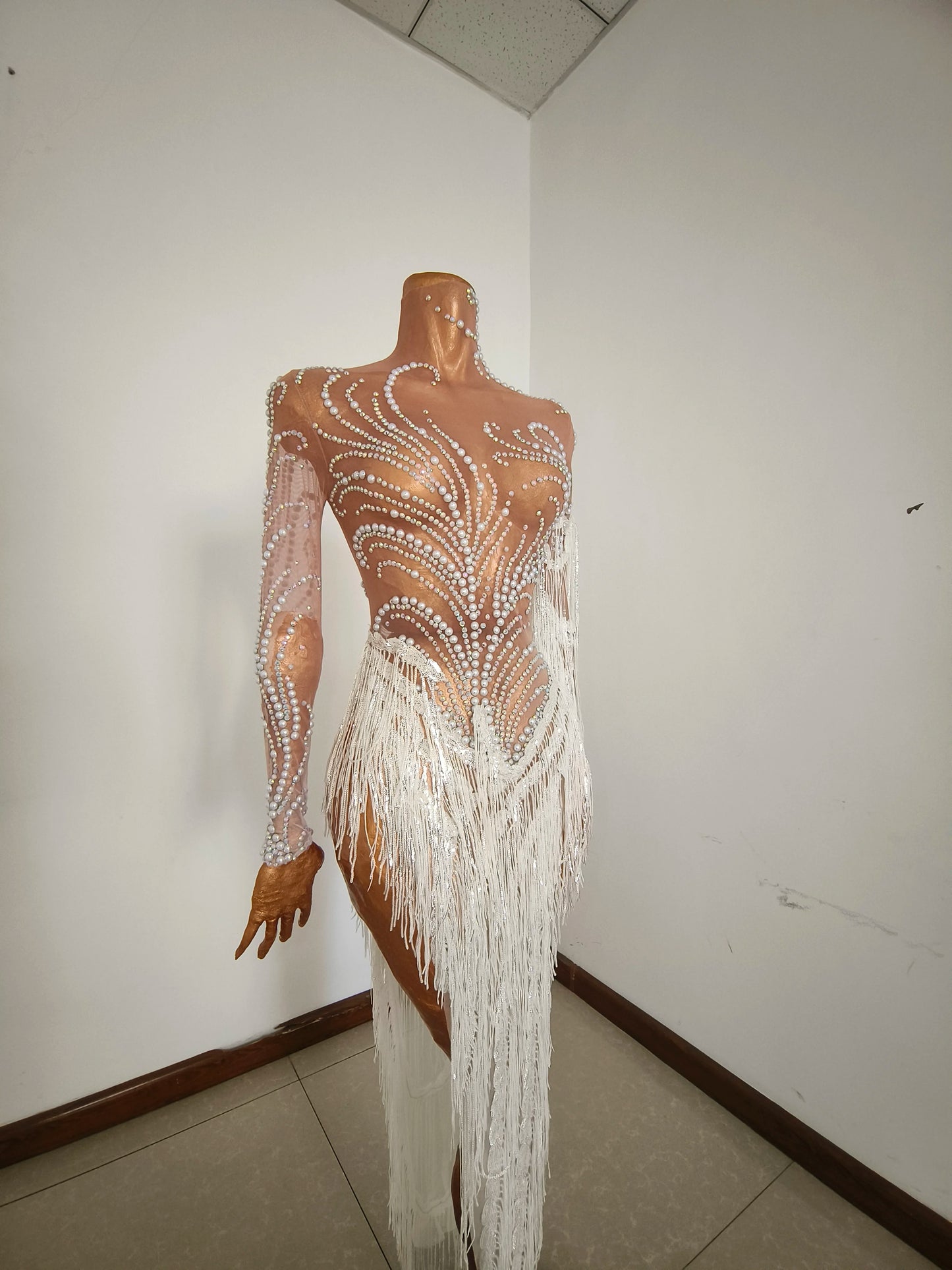 Sparkly Rhinestone Sequins Tassel Sexy Mesh See Through Dress Women Evening Birthday Party Nightclub Dance Singer Stage Outfit