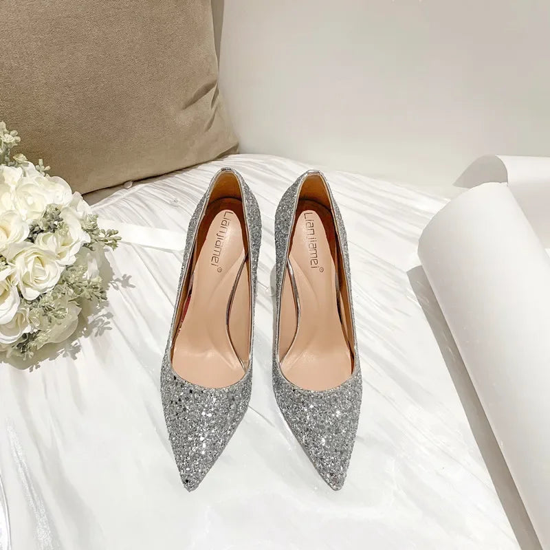 Fashion High Heels Women Sequins Thin Stiletto Banquet Wedding Shoes New Autumn /Winter Sexy Pointed Toe Ladies Party Shoes