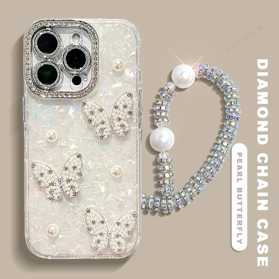 Bling Glitter Heart 3D Phone Case for iPhone 13 15 16 12 14 11 Pro Max Plus 16Pro Max Case Diamond Chain Pearl Protector Cover