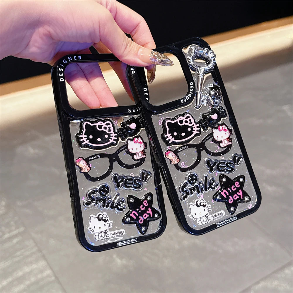 Glitter Stars Transparent 3D Cartoon Glasses Phone Cases For iPhone 17 16 14 11 12 13 15 Pro Max Plus Clear Shockproof Cover