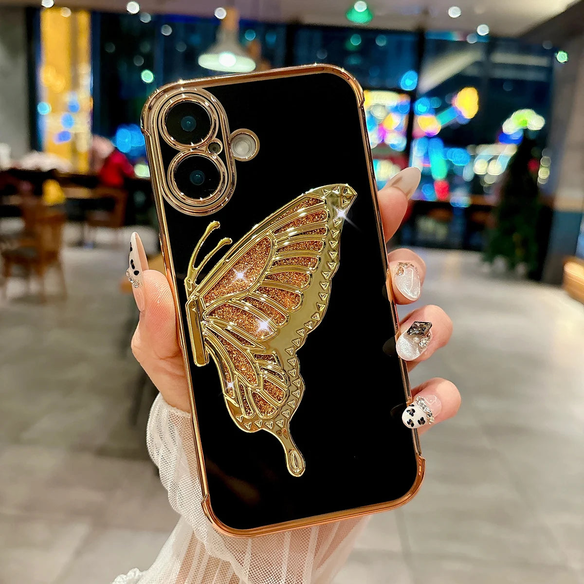 Glitter Butterfly Holder Phone Case for IPhone 7 8 16 15 14 Plus Pro MAx 12 13 Mini Side Pattern Drop Resistant PC Plating Case