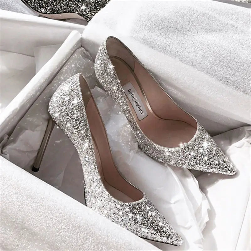 2022 Fashion Spring New Autumn Woman 9CM/7CM High Heels Silver Wedding Shoes Stiletto Pointed Toe Slip-on PU Bling Luxury Ladies