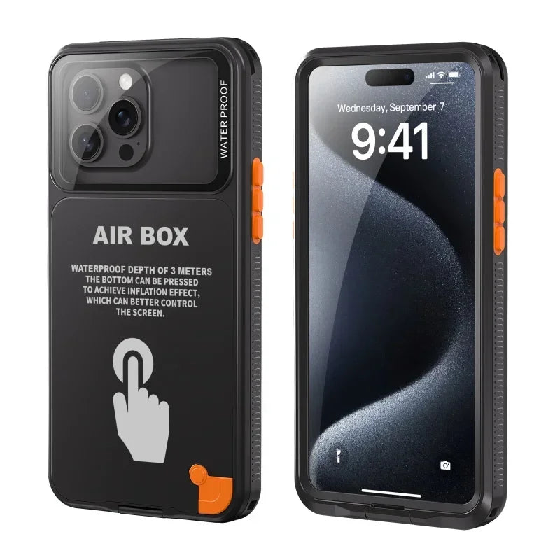 AIR BOX Waterproof Case for iPhone 11 12 13 14 15 Pro Max Plus Sealed Snorkeling Cover for Outdoor Sport Swimming Diving Casing
