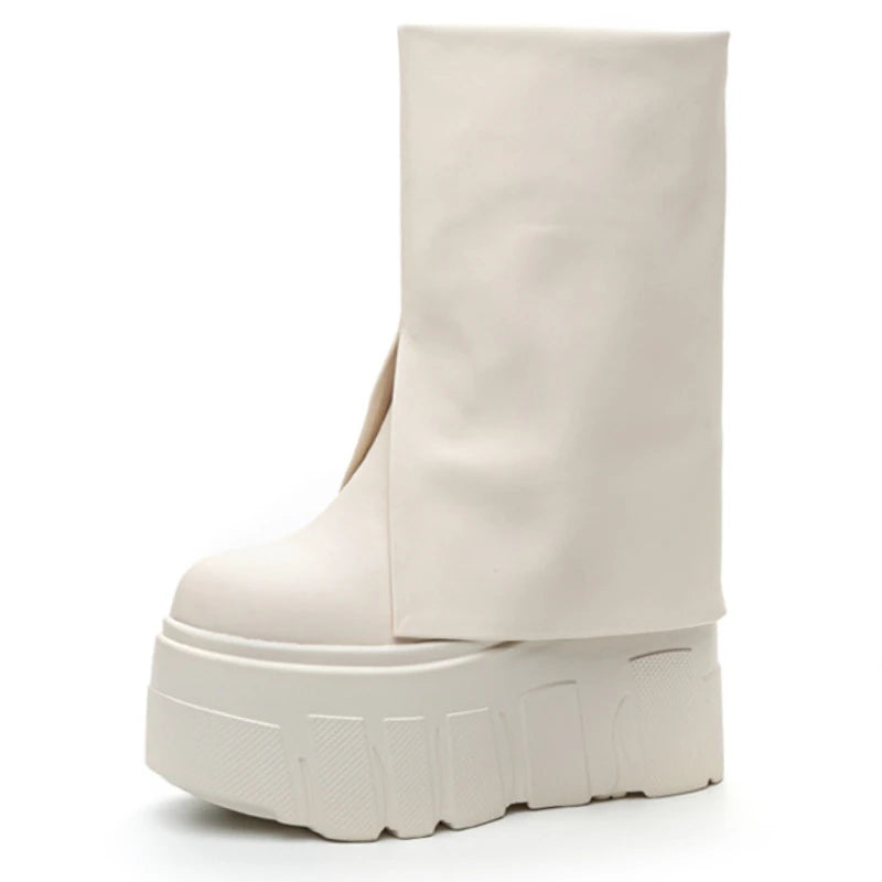 Fujin 14cm Slip on Ankle Booties Shoes Boots Platform Wedge Ladies Fashion Botas Genuine Leather Boots Women Motorcycle Winter.