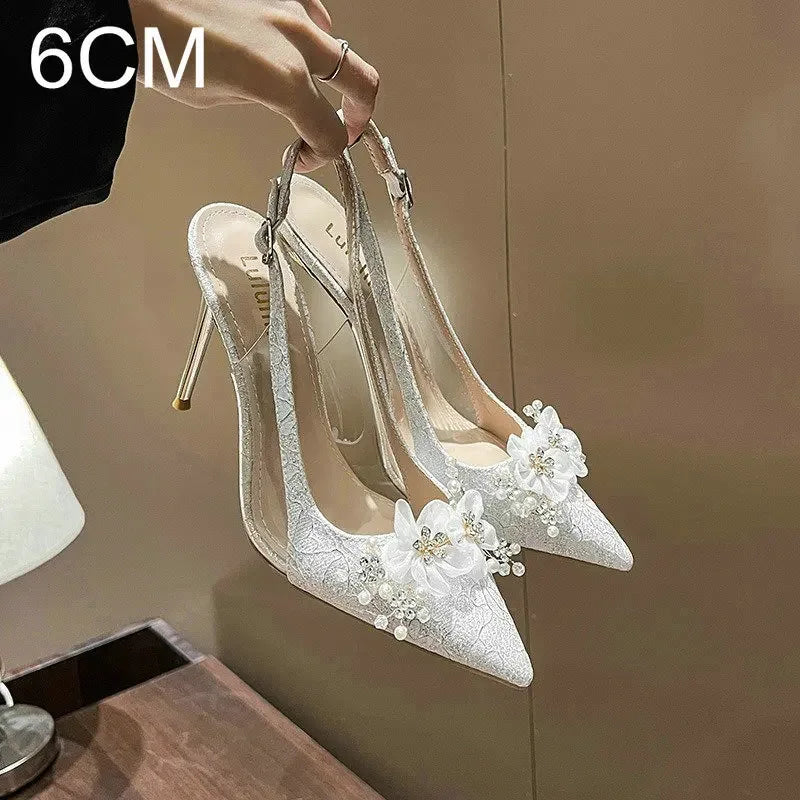 French Bride Gold Wedding Shoes for women Thin Heel Pointed Shallow Mouth Flower Rhinodrill High Heels Bao Head Fashion Sandals