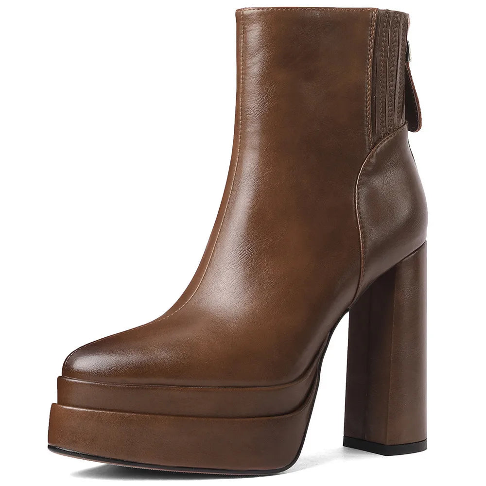 MILI-MIYA Fashion Pointed Toe Women Full Genuine Leather Ankle Boots Solid Color Thick Heels Zippers Dress Party Shoes For Lady.