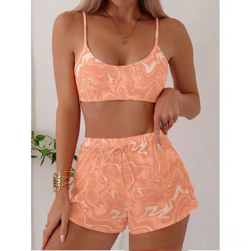 Cikini Women's Vacation Marble Print Casual Bikini Set, Three-Piece Bikini Set With Cover-Up Shorts, Random Print Summer Beach