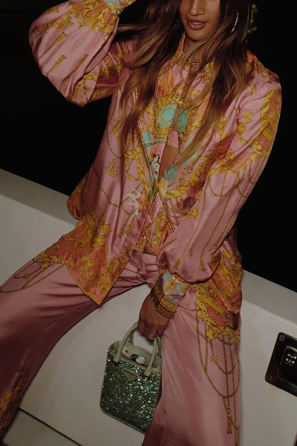 Swimsuit Cover Up Beach Women Dress Summer 2025 Kaftan Saida De Praia New Leisure Vacation Long Sleeved Pink Printed Shirt Pants