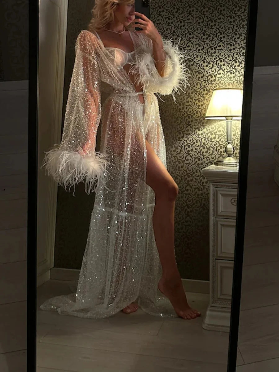 Women's Sequins Nightdress Feather Patchwork Long Sleeve Tulle Night Dress Kimono Robe Sleepwear Plush Cuff Bikini Cover up