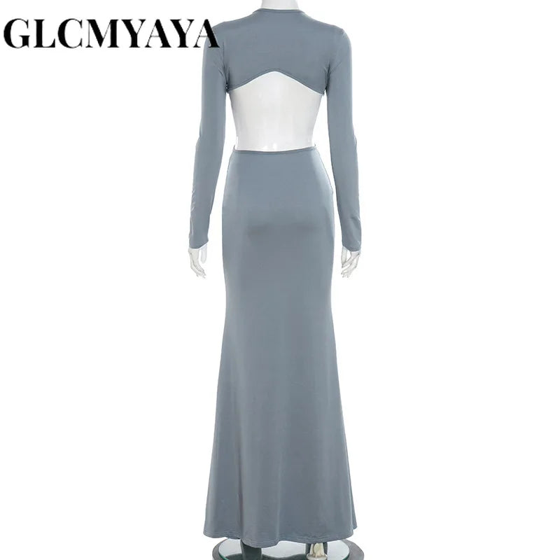 GLCMYAYA Women Cutout Roll Splicing Long Sleeve Bodycon Midi Maxi Long Dress 2025 Fall Vacation Party Birthday Dresses Vestidos