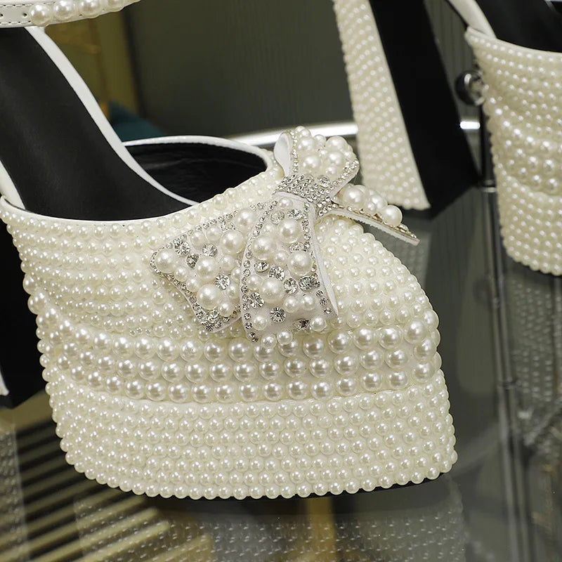 Luxury Handmade Full Pearls Rhinestones Bowknot Women Pumps Fashion Ankle Strap Platform Wedges High heels Banquet Wedding Shoes.