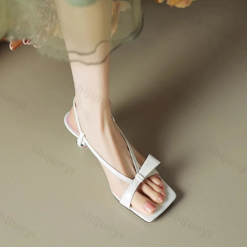 French Style Elegant Square Bows Designed Sandals for Women 2025 Summer New Open Toes Breathable Comfortable Back Strap Slippers.