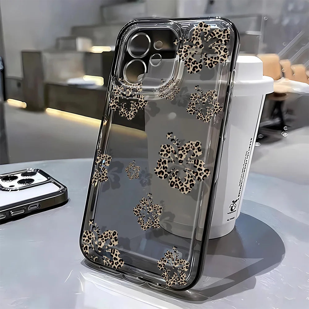 Rose red leopard print Case For iPhone 16 16E 15 14 13 12 11 Pro Max Plus XS XR Funda Silicone Case