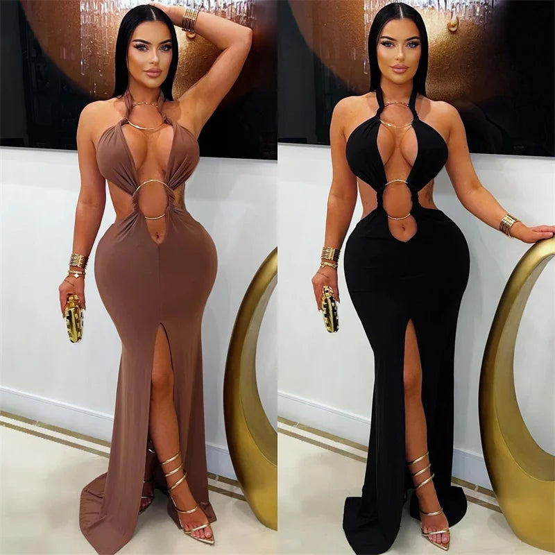 Sexy Halter Backless Mermaid Evening Dresses Woman Nightclub Prom Celebrity Metal Ring Bandage High Split Party Long Dress Robes