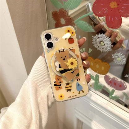 Cute Bear Bee Magnet stand phone case for iPhone 15 14 Pro Max 13 Pro 16 Pro Max Cover MagSafe Rotating Sunflower Cases Capa