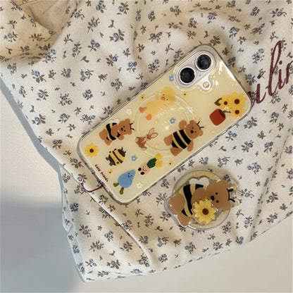 Cute Bear Bee Magnet stand phone case for iPhone 15 14 Pro Max 13 Pro 16 Pro Max Cover MagSafe Rotating Sunflower Cases Capa