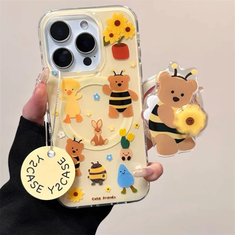 Cute Bear Bee Magnet stand phone case for iPhone 15 14 Pro Max 13 Pro 16 Pro Max Cover MagSafe Rotating Sunflower Cases Capa