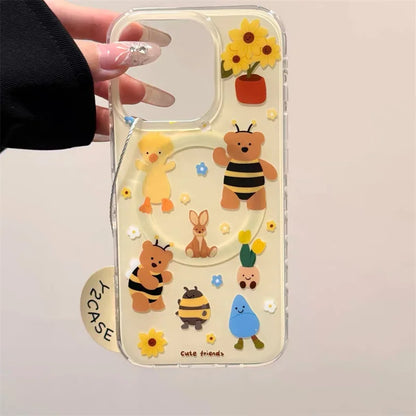 Cute Bear Bee Magnet stand phone case for iPhone 15 14 Pro Max 13 Pro 16 Pro Max Cover MagSafe Rotating Sunflower Cases Capa