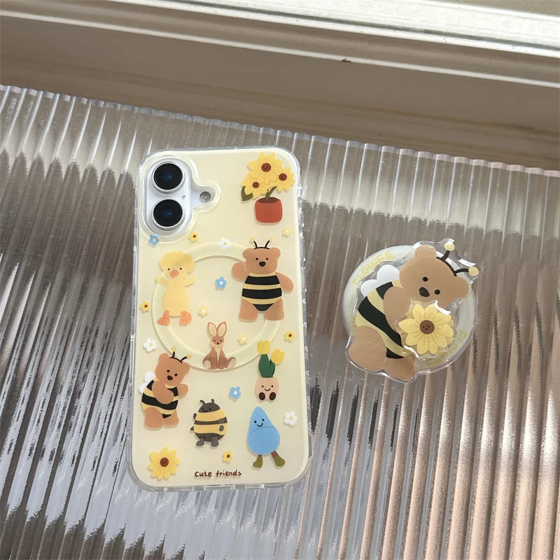 Cute Bear Bee Magnet stand phone case for iPhone 15 14 Pro Max 13 Pro 16 Pro Max Cover MagSafe Rotating Sunflower Cases Capa