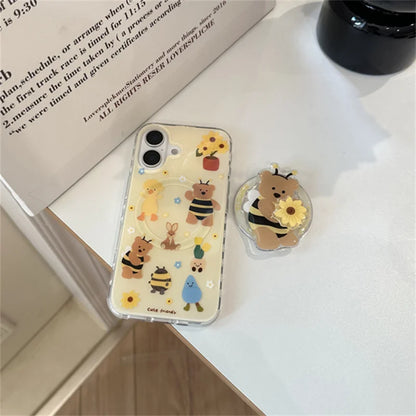 Cute Bear Bee Magnet stand phone case for iPhone 15 14 Pro Max 13 Pro 16 Pro Max Cover MagSafe Rotating Sunflower Cases Capa