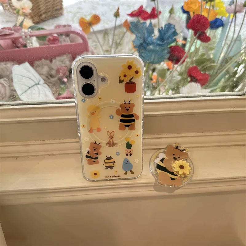 Cute Bear Bee Magnet stand phone case for iPhone 15 14 Pro Max 13 Pro 16 Pro Max Cover MagSafe Rotating Sunflower Cases Capa