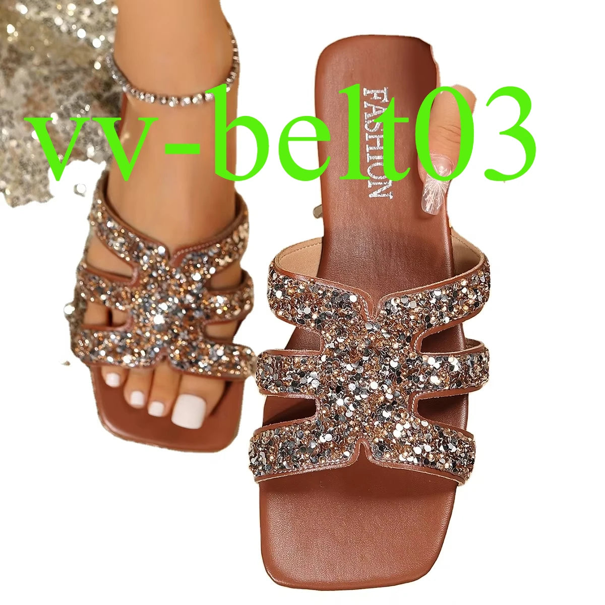 2024 New Yingyuan  Sequins Square Head Roman Style Sandals Flat slippers Z-261