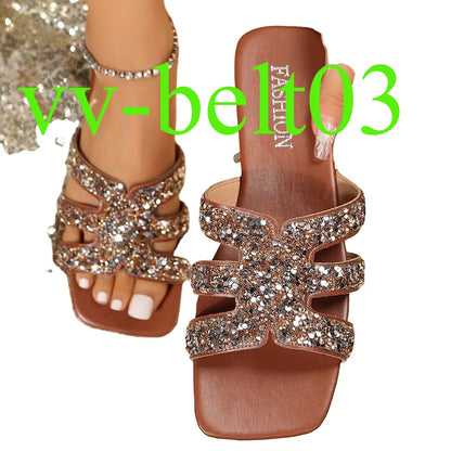 2024 New Yingyuan  Sequins Square Head Roman Style Sandals Flat slippers Z-261