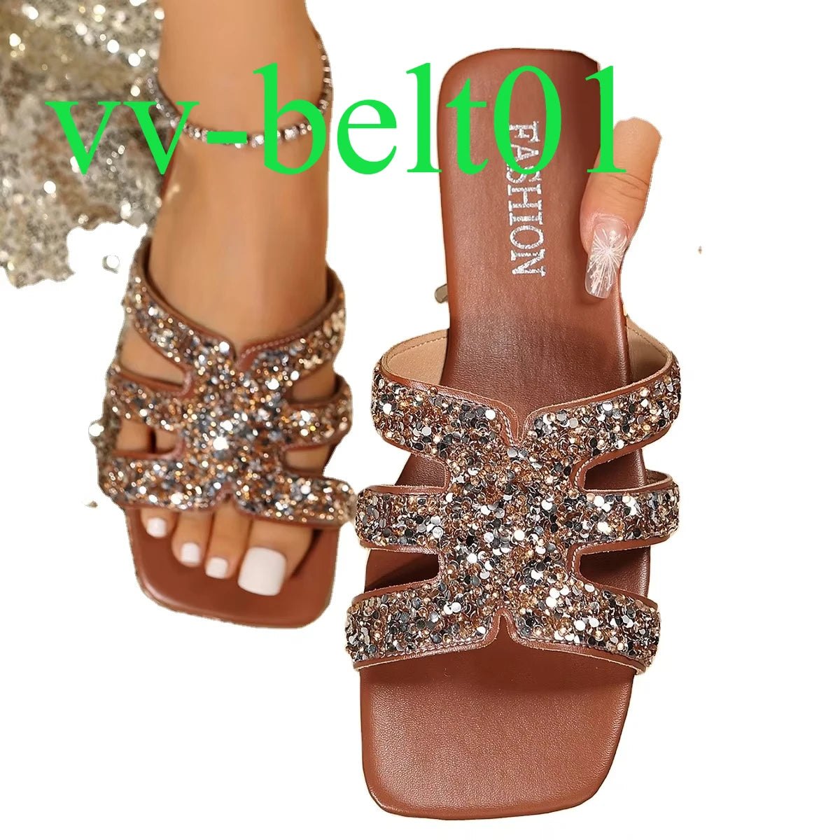 2024 New Yingyuan  Sequins Square Head Roman Style Sandals Flat slippers Z-261