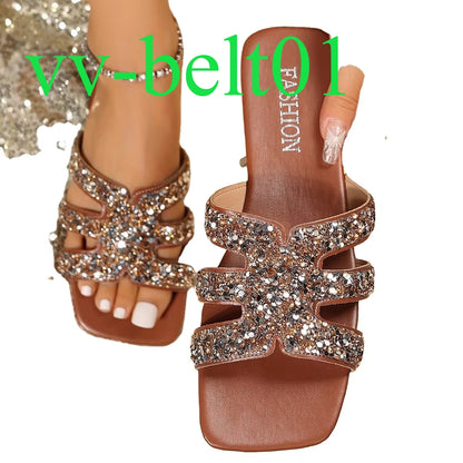 2024 New Yingyuan  Sequins Square Head Roman Style Sandals Flat slippers Z-261