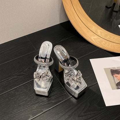 Runway Style Rhinestone Transparent Women's Super High Heels Slippers Square Toe Chunky Platform Shoes Sandals