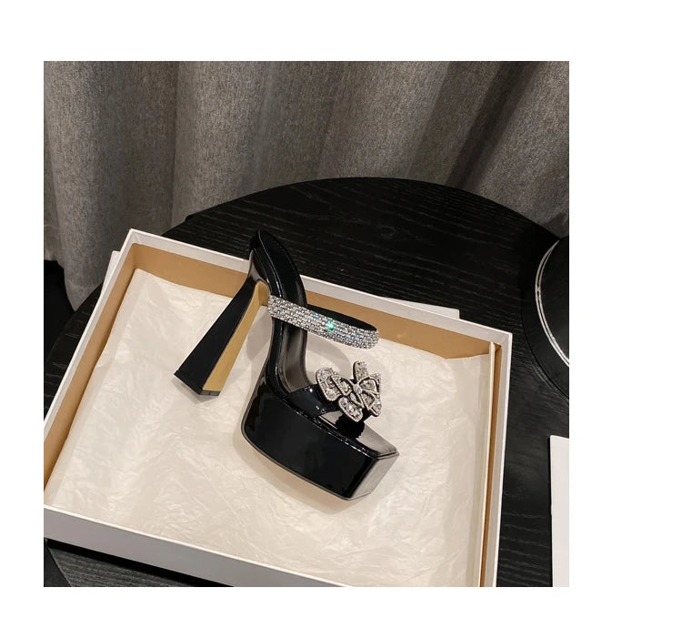 Runway Style Rhinestone Transparent Women's Super High Heels Slippers Square Toe Chunky Platform Shoes Sandals