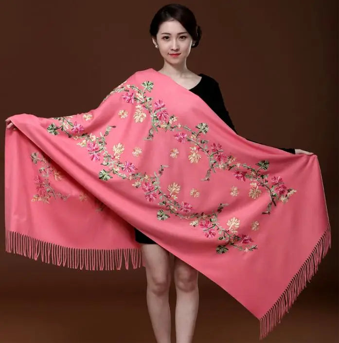 New Green Embroider Flower Pashmina Cashmere Scarf For Women Winter Warm Long Tassels Scarf Shawl Fashion Shawl Scarves Warps